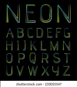 Neon holidays party alphabet, vector illustration. 