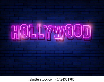 Neon Hollywood Text Vector with a Brick Wall Background, pink neon fashion light Hollywood isolated on dark night background 