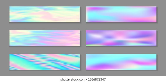 Neon holo bright banner horizontal fluid gradient princess backgrounds vector set. Pastel holography texture gradients. Fluid liquid print abstract princess backgrounds.