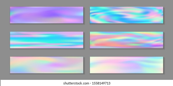 Neon holo cool flyer horizontal fluid gradient mermaid backgrounds vector set. Pastel neon holo texture gradients. Fluid graphic design minimal mermaid backgrounds.