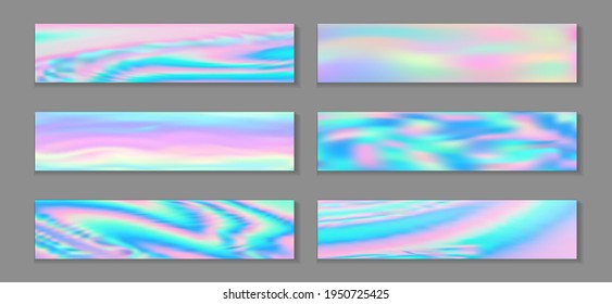 Juego de vectores de princesas de gradiente de fluido horizontal del volante cósmico neón holo. Gradientes de textura holográfica brillante. Diseño gráfico fluido de antecedentes abstractos de princesa.