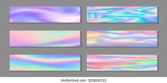 Neon holo cosmic flyer horizontal fluid gradient mermaid backgrounds vector set. Fantasy holography texture gradients. Fluid graphic design minimal mermaid backgrounds.
