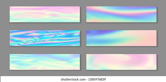 Neon holo creative banner horizontal fluid gradient mermaid backgrounds vector collection. Silk holography texture gradients. Fluid graphic design minimal mermaid backgrounds.