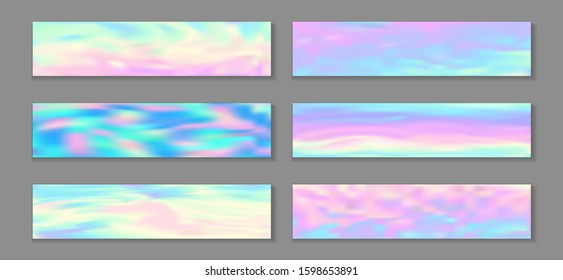 Neon holo creative flyer horizontal fluid gradient princess backgrounds vector collection. Fairy holography texture gradients. Fluid liquid print abstract princess backgrounds.