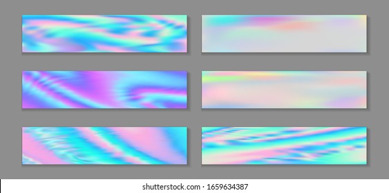 Neon holo creative flyer horizontal fluid gradient unicorn backgrounds vector collection. Kawaii holographic texture gradients. Fluid liquid effect fashionable unicorn backgrounds.