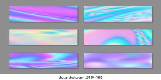 Neon holo hipster banner horizontal fluid gradient princess backgrounds vector collection. Glitch holographic texture gradients. Fluid liquid print abstract princess backgrounds.