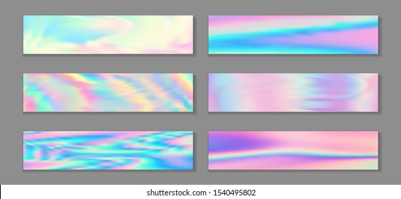 Neon Holo Modern Flyer Horizontal Fluid Gradient Unicorn Backgrounds Vector Collection. Iridescent Holographic Texture Gradients. Fluid Liquid Print Fashionable Unicorn Backgrounds.