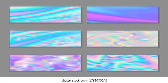 Neon holo vivid banner horizontal fluid gradient unicorn backgrounds vector collection. Beautiful holography texture gradients. Fluid liquid effect fashionable unicorn backgrounds.