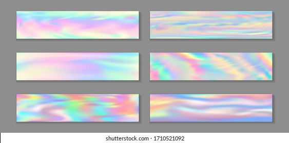 Neon holo vivid flyer horizontal fluid gradient unicorn backgrounds vector set. Fantasy holography texture gradients. Fluid graphic design fashionable unicorn backgrounds.