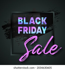 Neon holografischen schwarzen Freitag Verkauf Text Social Media Post Banner Vektordesign. Holografischer, violetter, kalligrafischer Black Friday Sale-Text mit handgezeichneten Buchstaben. Weblayout für Banner-Poster