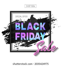 Neon holographic black friday sale text social media post banner vector design. Holographic purple blue calligraphic Black Friday Sale text with hand drawn lettering elements. Banner poster web layout