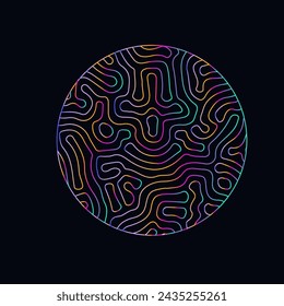 Neon holographic circle with warped and glitched texture of lines. Template for modern logotype or print.