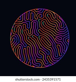 Neon holographic circle with warped and glitched texture of lines. Template for modern logotype or print.