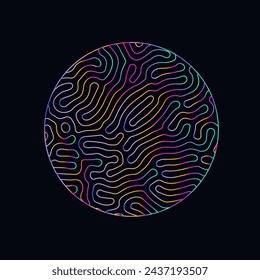 Neon holographic circle with warped and glitched texture of lines. Template for modern logotype or print.