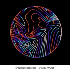 Neon holographic circle with warped and glitched texture of lines. Template for modern logotype or print.