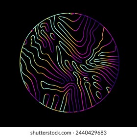 Neon holographic circle with warped and glitched texture of lines.