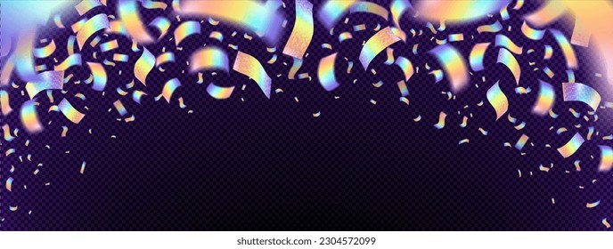 Neon holographic confetti effect frame vector banner. Rainbow hologram carnival border on transparent background. Carnival party paper in iridescent color. Flying blur Christmas foil explosion design