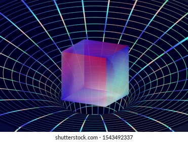 Neon holographic cube floating above funnel made of laser grid. Futuristic fantasy illustration in vaporwave and synthwave style.