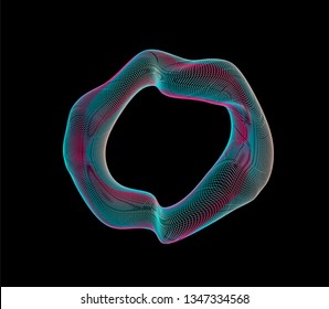 Neon holographic glitched torus on dark background. Syntwave/ retrowave style illustration, aesthetics of 80s-90s retrofuturism. For t-shirt print, notebook, poster, ect.