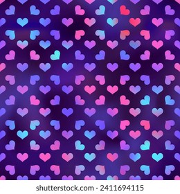 Neon holographic hearts seamless pattern. Vector rainbow heart print on violet gradient background. Magic romantic Valentines Day backdrop texture for decoration, greeting, wedding design