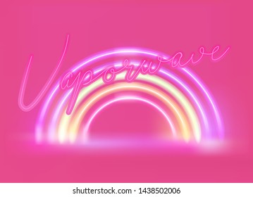 Neon holographic rainbow on punchy pastel pink background. Vaporwave/ synthwave style vector illustration.