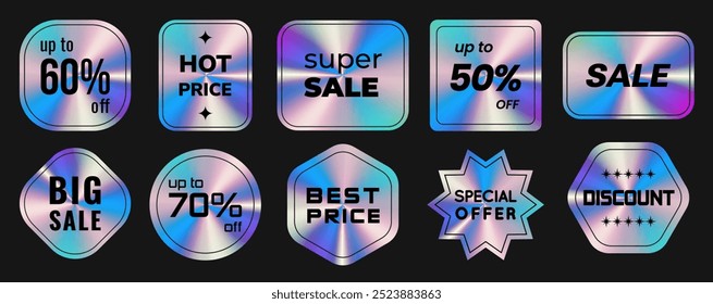 Neon holographic sticker templates, label with holographic effect. Shiny rainbow emblems Sale, up to 50 off, 40 , 60 , 70 , Discount, best price, special offer. Isolated Vector Illustration