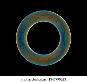 Neon holographic torus on dark background. Syntwave/ retrowave style illustration, aesthetics of 80s-90s retrofuturism. For t-shirt print, notebook, poster, ect.