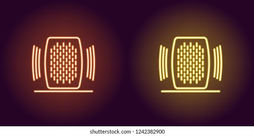 Neon Home speaker, glowing sign. Vector illustration of Voice assistant with sound waves in neon style, orange and yellow colors. Glowing icon and symbol