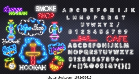 neon hookah Shop Logo collection Neon Vector. Smoke shop neon signs, Hookah lounge, vector design template vector illustration on tobacco theme, bright night cigarette advertisement. Vector