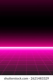 Neon Horizon Uma grade de perspectiva vibrante e iluminada com neon contra um fundo preto gradiente, criando um sentido moderno e evocativo de espaço e estética futurista.