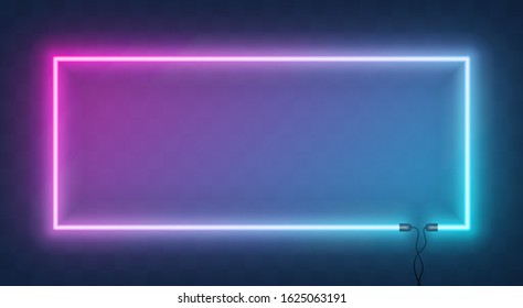 Neon horizontal rectangle frame, border with wire. Neon lights sign. Vector abstract background, tunnel, portal. Geometric glow outline rectangular shape, laser glowing lines. Abstract background.