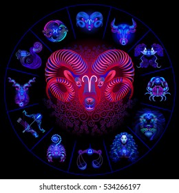 Neon horoscope circle with signs of zodiac. Set astrology signs. Aries.