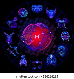 Neon horoscope circle with signs of zodiac. Set astrology signs. Pisces.