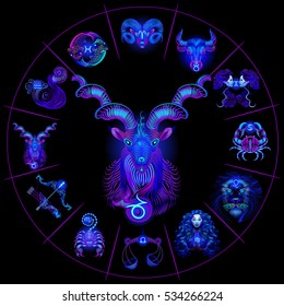 Neon horoscope circle with signs of zodiac. Set astrology signs. Capricorn.