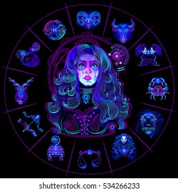 Neon horoscope circle with signs of zodiac. Set astrology signs. Aquarius.