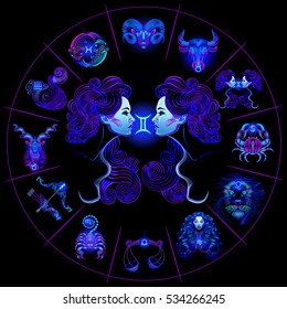 Neon horoscope circle with signs of zodiac. Set astrology signs. Gemini.