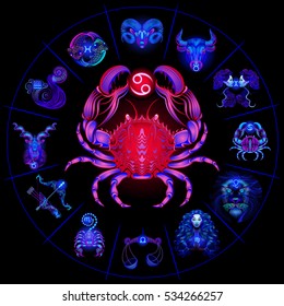 Neon horoscope circle with signs of zodiac. Set astrology signs. Cancer.