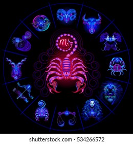 Neon horoscope circle with signs of zodiac. Set astrology signs. Scorpio.