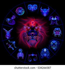 Neon horoscope circle with signs of zodiac. Set astrology signs. Leo.