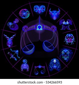 Neon horoscope circle with signs of zodiac. Set astrology signs. Libra.