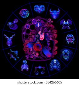 Neon horoscope circle with signs of zodiac. Set astrology signs. Sagittarius.