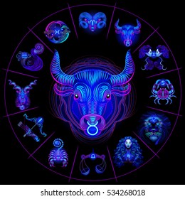 Neon horoscope circle with signs of zodiac. Set astrology signs. Taurus.