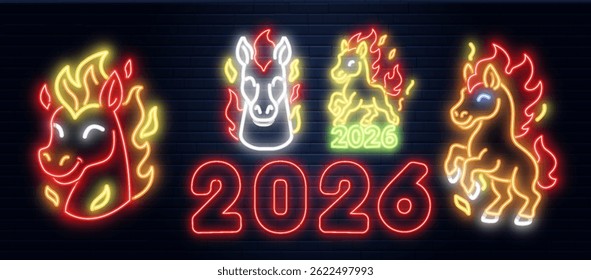Caballo de neón sobre un fondo rojo. Símbolo del año Nuevo chino 2026. Ilustración vectorial