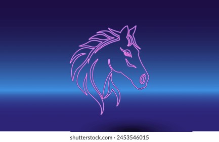 Neon horse's head symbol on a gradient blue background. The isolated symbol is located in the bottom center. Gradient blue with light blue skyline