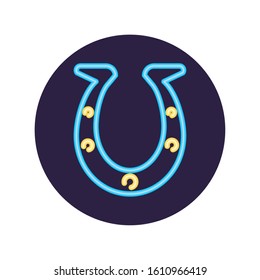 Neon horseshoe inside black circle design, Decoration advertising light lamp retro glowing art bright and fluorescent theme Vector illustration