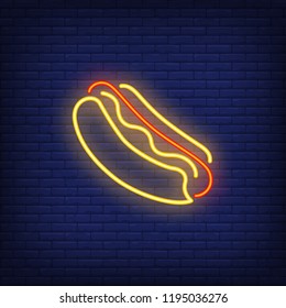 Neon hot dog sign. Glowing hot dog neon sign. Food concept. Night bright advertisement. Vector illustration in neon style for night cafe or restaurant.