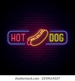 Neon Hot dog sign. Glowing Hot dog icon and text in a frame for cafe, fast food, bar advertising. Neon signboard. Vector illustration.