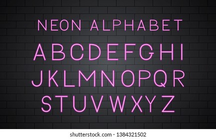 Neon hot pink vector alphabet on brick wall background. Sans serif font. Glowing latin uppercase letters. Typeface for headlines, banners, signboards, posters, etc. Easy to edit design template.