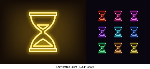 Neon hourglass icon. Glowing neon sandglass sign, outline clock silhouette in vivid colors. Time management, schedule planning, work hours, time deadline. Vector icon set, sign, pictogram for UI