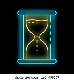 Neon hourglass with sand falling through, symbolizing the concept of time passing
